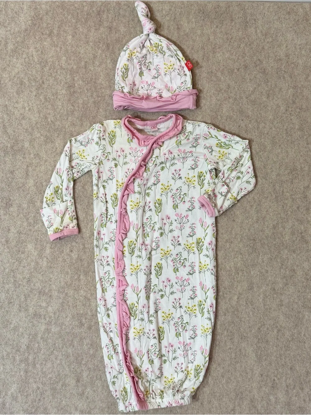 +Magnetic Me Floral Sleep Gown Knot Hat Set Newborn 3M Baby Girl Modal Ruffle
